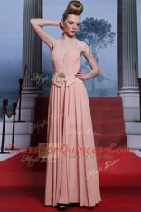 Classical Pink Sleeveless Floor Length Beading and Appliques Clasp Handle Evening Dress