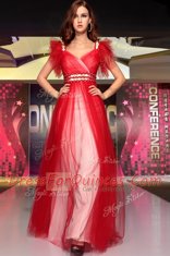 Floor Length Red Evening Dress Organza Sleeveless Beading