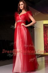Floor Length Red Evening Dress Organza Sleeveless Beading