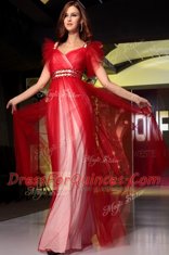 Floor Length Red Evening Dress Organza Sleeveless Beading