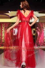 Floor Length Red Evening Dress Organza Sleeveless Beading
