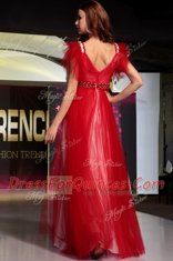 Floor Length Red Evening Dress Organza Sleeveless Beading