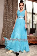 Cute Baby Blue Side Zipper V-neck Beading and Appliques and Ruching Homecoming Dress Chiffon Sleeveless