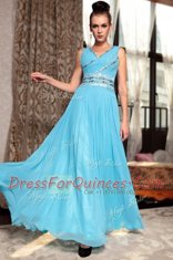Cute Baby Blue Side Zipper V-neck Beading and Appliques and Ruching Homecoming Dress Chiffon Sleeveless