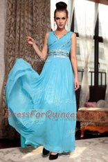 Cute Baby Blue Side Zipper V-neck Beading and Appliques and Ruching Homecoming Dress Chiffon Sleeveless