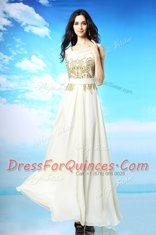 Dramatic Scoop Ankle Length White Evening Dress Chiffon Sleeveless Beading and Ruching