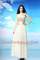 Dramatic Scoop Ankle Length White Evening Dress Chiffon Sleeveless Beading and Ruching
