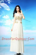 Dramatic Scoop Ankle Length White Evening Dress Chiffon Sleeveless Beading and Ruching