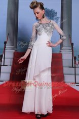 Classical White Empire Chiffon Scoop 3 4 Length Sleeve Beading and Appliques Floor Length Zipper Evening Dress