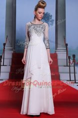 Classical White Empire Chiffon Scoop 3 4 Length Sleeve Beading and Appliques Floor Length Zipper Evening Dress