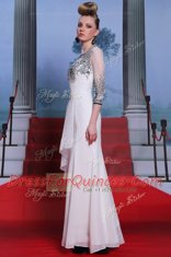 Classical White Empire Chiffon Scoop 3 4 Length Sleeve Beading and Appliques Floor Length Zipper Evening Dress
