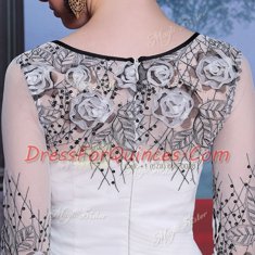 Classical White Empire Chiffon Scoop 3 4 Length Sleeve Beading and Appliques Floor Length Zipper Evening Dress