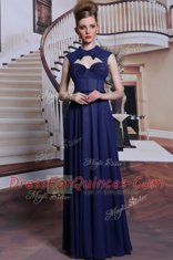 Navy Blue Column/Sheath Beading Zipper Chiffon Sleeveless Floor Length