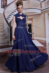 Navy Blue Column/Sheath Beading Zipper Chiffon Sleeveless Floor Length