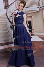Navy Blue Column/Sheath Beading Zipper Chiffon Sleeveless Floor Length