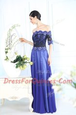 Scalloped Half Sleeves Zipper Floor Length Beading and Appliques Prom Gown