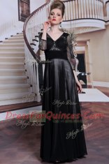Adorable Black 3 4 Length Sleeve Beading Floor Length Prom Gown
