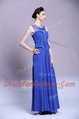Scoop Sleeveless Prom Evening Gown Floor Length Beading and Appliques Blue Chiffon