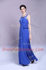 Scoop Sleeveless Prom Evening Gown Floor Length Beading and Appliques Blue Chiffon