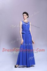 Scoop Sleeveless Prom Evening Gown Floor Length Beading and Appliques Blue Chiffon