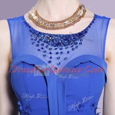 Scoop Sleeveless Prom Evening Gown Floor Length Beading and Appliques Blue Chiffon
