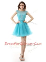 Artistic Bateau Sleeveless Zipper Prom Party Dress Aqua Blue Organza