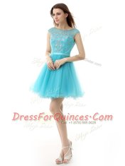 Artistic Bateau Sleeveless Zipper Prom Party Dress Aqua Blue Organza