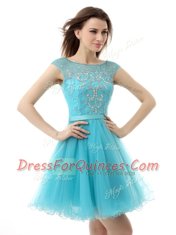 Artistic Bateau Sleeveless Zipper Prom Party Dress Aqua Blue Organza