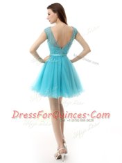 Artistic Bateau Sleeveless Zipper Prom Party Dress Aqua Blue Organza