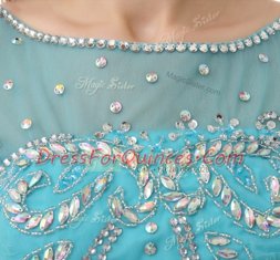 Artistic Bateau Sleeveless Zipper Prom Party Dress Aqua Blue Organza