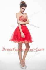 Flirting Sleeveless Organza Mini Length Side Zipper Prom Dress in Coral Red with Appliques and Ruffles