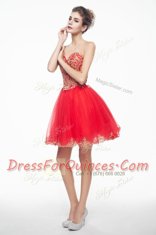 Flirting Sleeveless Organza Mini Length Side Zipper Prom Dress in Coral Red with Appliques and Ruffles