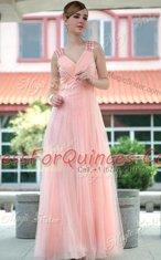 V-neck Sleeveless Dress for Prom Floor Length Beading Baby Pink Chiffon