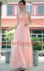 V-neck Sleeveless Dress for Prom Floor Length Beading Baby Pink Chiffon
