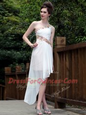 One Shoulder Sleeveless Ankle Length Appliques Side Zipper Prom Dresses with White