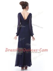 High End Navy Blue V-neck Side Zipper Ruching Long Sleeves