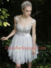 Stylish White Backless Straps Beading and Ruffles Prom Gown Organza Sleeveless