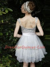 Stylish White Backless Straps Beading and Ruffles Prom Gown Organza Sleeveless