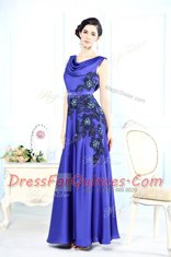 Scoop Blue Satin Backless Evening Dress Sleeveless Floor Length Appliques