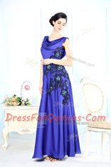 Scoop Blue Satin Backless Evening Dress Sleeveless Floor Length Appliques