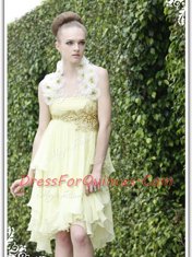 Strapless Sleeveless Prom Dresses Knee Length Beading and Appliques Light Yellow Organza