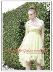 Strapless Sleeveless Prom Dresses Knee Length Beading and Appliques Light Yellow Organza
