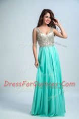 Fantastic Aqua Blue Empire Chiffon V-neck Sleeveless Beading and Appliques Floor Length Zipper Prom Gown