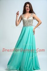Fantastic Aqua Blue Empire Chiffon V-neck Sleeveless Beading and Appliques Floor Length Zipper Prom Gown