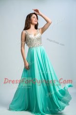 Fantastic Aqua Blue Empire Chiffon V-neck Sleeveless Beading and Appliques Floor Length Zipper Prom Gown