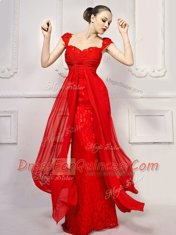 Red Column/Sheath Lace Sweetheart Cap Sleeves Beading and Lace and Sashes ribbons With Train Lace Up Prom Evening Gown Brush Train