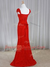 Red Column/Sheath Lace Sweetheart Cap Sleeves Beading and Lace and Sashes ribbons With Train Lace Up Prom Evening Gown Brush Train