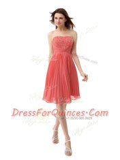 On Sale Sleeveless Chiffon Knee Length Zipper Evening Dress in Watermelon Red with Beading and Pleated