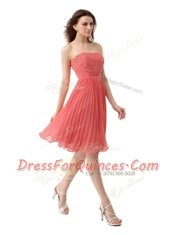 On Sale Sleeveless Chiffon Knee Length Zipper Evening Dress in Watermelon Red with Beading and Pleated
