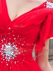 Super Cap Sleeves Brush Train Lace Up With Train Beading and Ruching Prom Evening Gown